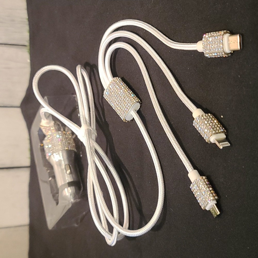 Cell Charger- 3 in 1charging, rhinestones white cables, extra car adapter incl